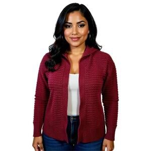 Nine West Open Front Cardigan Hooded Ribbed Knit Maroon Vintage Wine Color Sz L